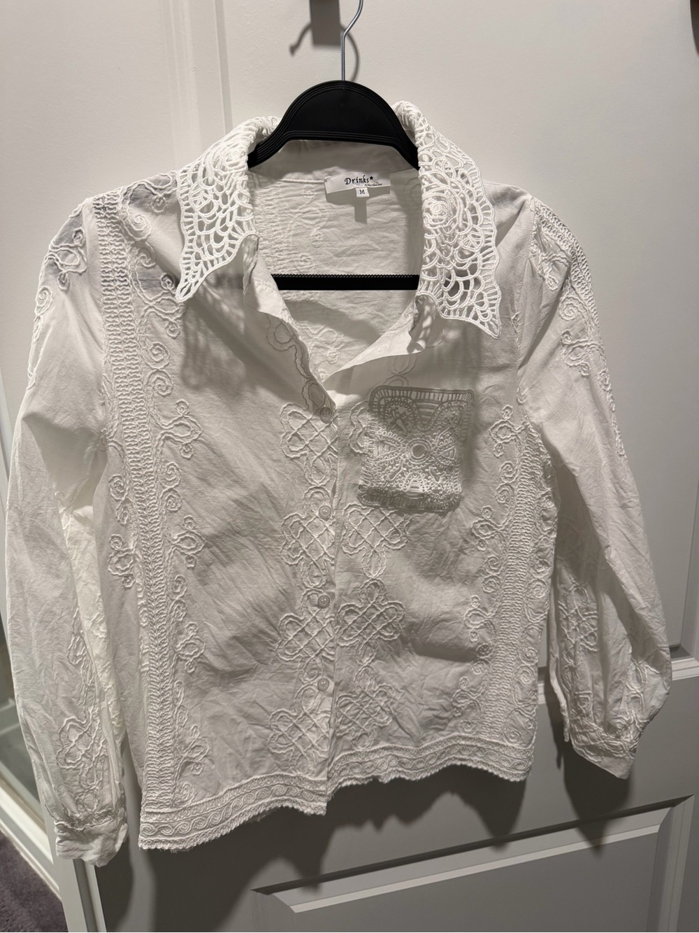 White Embroidered Lace-Collar Button Down Shirt
